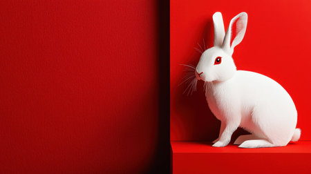 A whimsical white rabbit positioned against a striking red background. The minimalist design highlights the rabbit's charm and creates a vivid contrast, making it perfect for creative projects.の素材