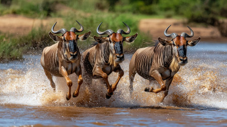 Three wildebeests leap through a shallow river, showcasing their strength and agility in a vibrant natural environment. A stunning moment in wildlife.の素材