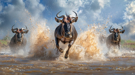 A stunning scene capturing wildebeests running through water, splashing energetically. This dramatic depiction showcases the beauty of wildlife and nature.の素材