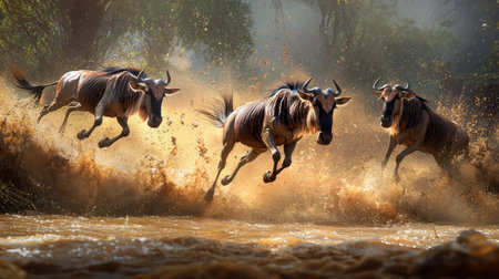 A thrilling scene of wildebeests galloping through water, creating splashes in the wild Serengeti. This captivating moment showcases nature's beauty and animal migration.の素材