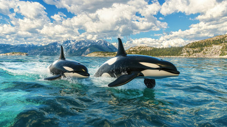 Two orcas swim joyfully in a clear blue ocean beneath a dynamic sky, showcasing the beauty of marine life in a scenic natural habitat filled with adventure.の素材