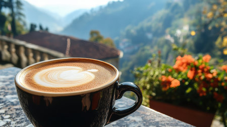 A cozy coffee cup placed on a table, set against a breathtaking mountain view with vibrant flowers, perfect for mornings of relaxation and enjoyment.の素材