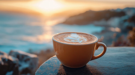 A serene scene of a latte art coffee cup set against a stunning ocean sunrise. This image embodies the warmth of morning and the beauty of nature.の素材