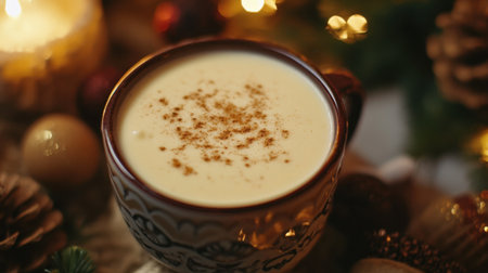 A cozy winter drink topped with spices, surrounded by warm holiday decor, inviting a sense of comfort and celebration during the festive season.の素材