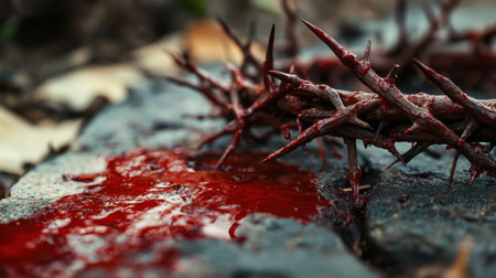 A striking close-up of a thorny crown with blood on the ground, illustrating themes of pain, sacrifice, and spirituality, evoking deep emotional responses.の素材