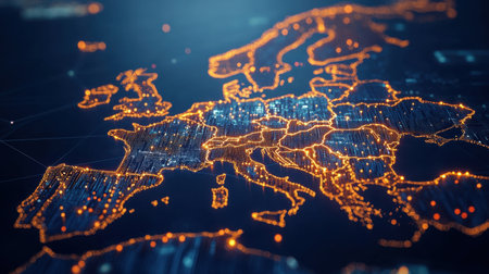 This image showcases a detailed illuminated map of Europe, featuring digital connections and city lights, symbolizing technology, innovation, and connectivity.の素材