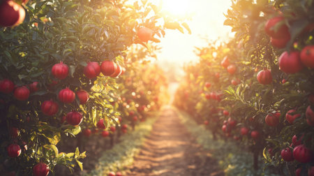 Explore a beautiful apple orchard under the warm sunlight, featuring rows of vibrant red apples on green trees. A serene pathway invites you to enjoy nature's bounty.の素材