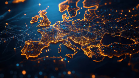 This captivating visual depicts an illuminated map of Europe, showcasing technological connectivity through bright city lights and vibrant networks.の素材