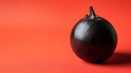 A single glossy black fruit rests on a striking red surface, showcasing its smooth texture. Ideal for culinary inspiration, food styling, and art photography.の素材