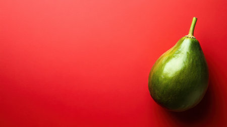 A vibrant green avocado rests on a bright red background, showcasing its natural beauty. This image emphasizes freshness and healthy eating for culinary uses.の素材