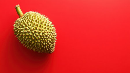 A ripe durian fruit rests elegantly on a bold red background, showcasing its unique spiky texture. This visually striking image embodies tropical flavors and exotic culinary themes.の素材