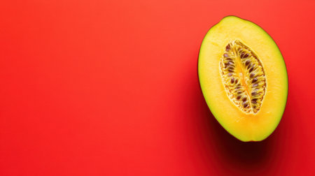 A beautifully arranged slice of fresh melon sits against a bold red background, showcasing its juicy texture and vibrant colors, perfect for food photography.の素材