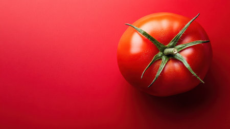 A vibrant red tomato sits against a smooth red background, showcasing its freshness and natural appeal. Perfect for culinary concepts and healthy eating themes.の素材