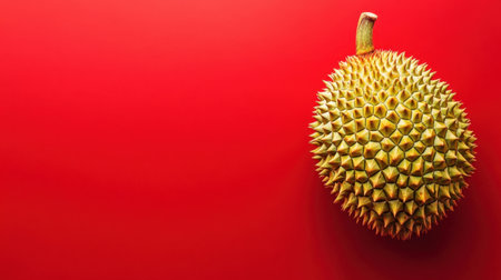 A vibrant durian fruit displayed against a striking red background, showcasing its unique spiky texture and rich yellow color, perfect for food photography.の素材