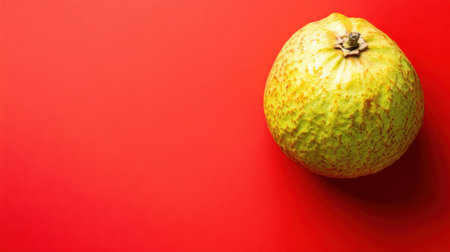 A vibrant green fruit sits on a bright red background, showcasing its unique texture and shape. This image captures the essence of freshness and healthiness.の素材