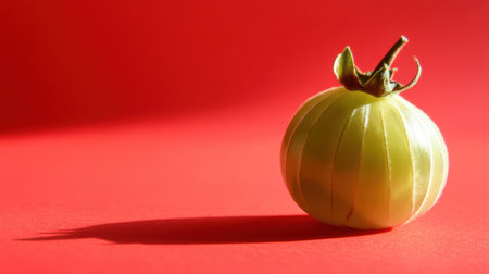 A captivating green tomato rests on a vibrant red surface, casting a long shadow that enhances its shape. This image showcases freshness and simplicity in food photography.の素材