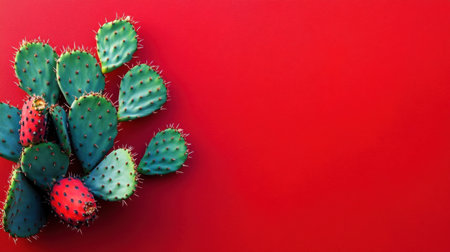A captivating arrangement of cacti showcasing bright green pads and vivid red fruit, set against a striking red backdrop, perfect for nature-themed projects.の素材