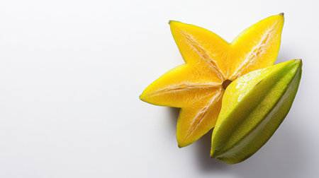 A stunning arrangement of fresh starfruit and green fruit on a clean white background. Perfect for showcasing healthy cuisine and vibrant flavors.の素材