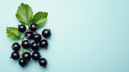 A vibrant arrangement of fresh blackcurrants with green leaves, set against a light blue background, showcasing their juicy texture and healthy appeal.の素材