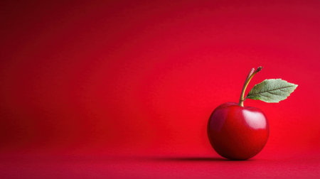 This captivating image features a fresh red apple with a green leaf, set against a striking red background, highlighting its glossy surface and vibrant color.の素材