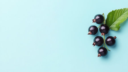 A visually appealing arrangement of fresh black currants accompanied by a green leaf, set against a light blue background, showcasing vibrant colors and natural beauty.の素材