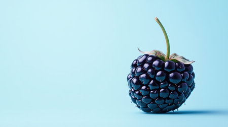 A vibrant and fresh blackberry stands alone on a light blue background, showcasing its glossy texture and water droplets, perfect for healthy lifestyle themes.の素材