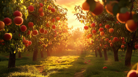 A beautiful peach orchard capturing the essence of sunset. Ripe peaches hang from lush trees along a grassy pathway, creating a tranquil atmosphere.の素材