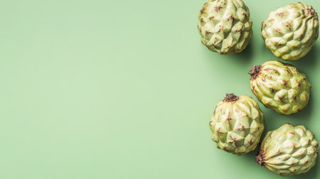 A collection of fresh cherimoya fruits beautifully arranged on a green background, showcasing their unique texture and natural appeal for vibrant food photography.の素材