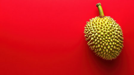 A solitary durian fruit displayed against a vivid red backdrop highlights its unique spiky texture and exotic appeal, perfect for culinary and food-related projects.の素材