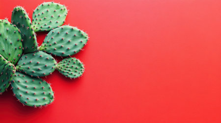 A captivating arrangement of bright green cactus leaves set against a bold red background, creating a striking visual contrast that highlights natural beauty.の素材