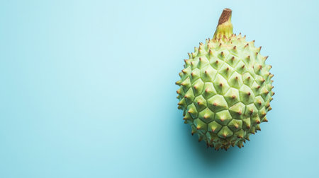 A vibrant durian fruit displayed on a light blue background showcases its unique spiky texture and exotic appeal, perfect for culinary themes.の素材