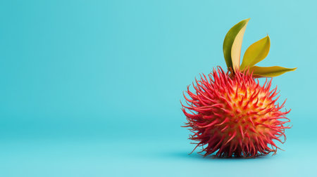 A bright red rambutan fruit featuring spiky skin and green leaves sits against a vibrant blue background, symbolizing freshness and tropical flavors.の素材