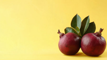Two fresh pomegranates sit together against a vibrant yellow background, accompanied by green leaves, showcasing their rich color and natural beauty. Ideal for wellness themes.の素材