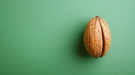 A close-up view of an isolated nut shell against a vibrant green background. This image captures the texture and organic feel, perfect for natural themes and food-related content.の素材