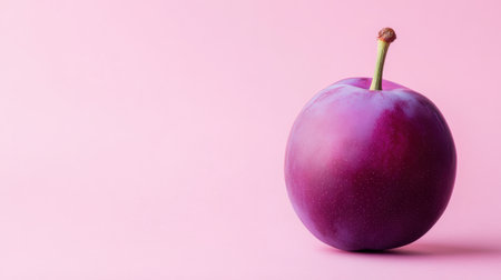 A fresh purple plum stands out against a soft pink background, showcasing its glossy texture and vibrant color. Perfect for health and food themes.の素材