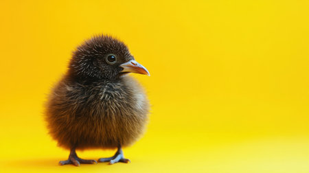This image features a cute fluffy chick standing proudly against a vibrant yellow background, showcasing its charm and innocence in a playful pose.の素材