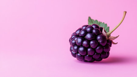 A single fresh blackberry rests on a vibrant pink background, showcasing its rich purple hue and natural green leaf, perfect for health and nutrition themes.の素材