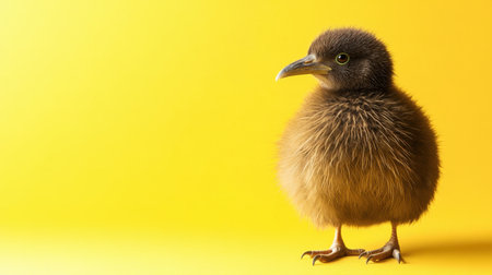 This charming fluffy chick stands out against a bright yellow background. Its soft feathers and curious expression evoke feelings of warmth and innocence.の素材