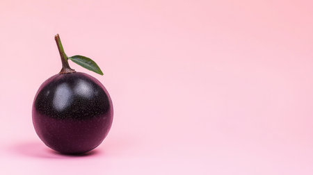 A fresh black fruit featuring a green leaf, set against a soft pink background. This minimalist image highlights the beauty and simplicity of organic produce.の素材