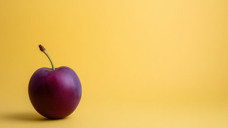 A vibrant purple plum rests on a bright yellow background, showcasing its rich color and smooth texture. Ideal for food photography, marketing, and designs.の素材