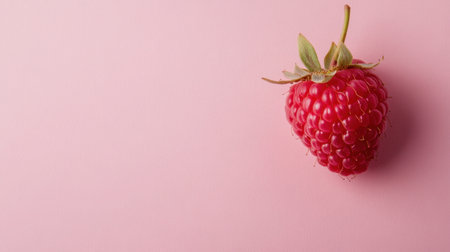 A single fresh raspberry rests on a soft pink background, highlighting its rich color and natural textures. Perfect for food-related themes or healthy lifestyle concepts.の素材
