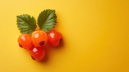 A vibrant composition featuring fresh golden berries adorned with green leaves, set against a striking yellow backdrop, perfect for food photography and healthy eating themes.の素材
