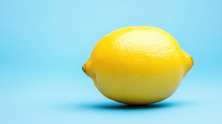 A vibrant yellow lemon rests against a bright blue background, showcasing its smooth texture and fresh appearance. Ideal for various culinary uses.の素材