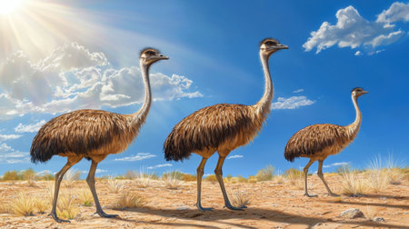 Three emus gracefully walk across a sunlit desert landscape, showcasing their distinctive feathers and posture under a clear blue sky with soft clouds.の素材