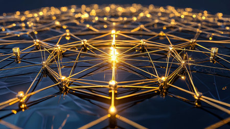 A captivating abstract network design featuring glowing connections, intricate geometric patterns, and a sense of depth, perfect for technology and digital themes.の素材