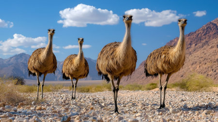 A group of large birds gracefully walks through a rocky desert landscape under a clear blue sky, showcasing the beauty of wildlife and nature.の素材