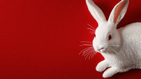 A highly detailed, realistic white rabbit rests on a vibrant red background. This image highlights the intricate fur texture and charming expression of the rabbit.の素材