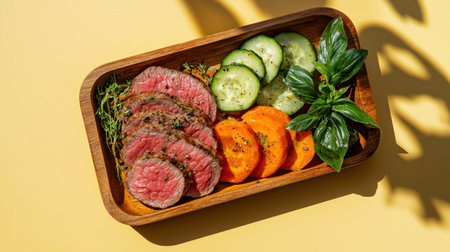 Freshly grilled beef steak artfully arranged with colorful vegetables and basil on a wooden tray. A vibrant and nutritious meal perfect for any occasion.の素材