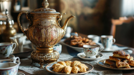 A beautifully arranged vintage table setting featuring an ornate teapot accompanied by delicious pastries. Perfect for gatherings or intimate tea parties.の素材