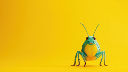 A colorful grasshopper stands on a bright yellow background, showcasing its vivid colors and intricate details. Perfect for nature and wildlife themes.の素材